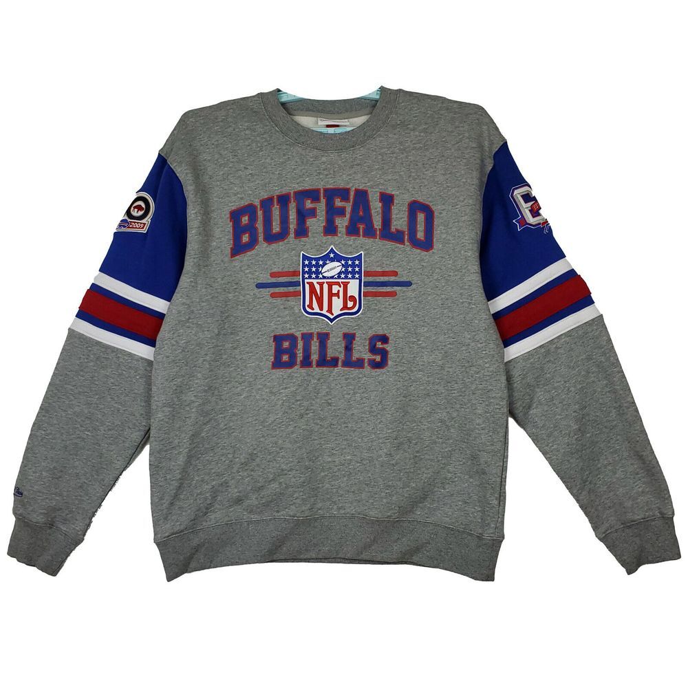 Buffalo‎ Bills Mitchell & Ness NFL L Large Crew Fleece Sweatshirt Gray Blue NWT